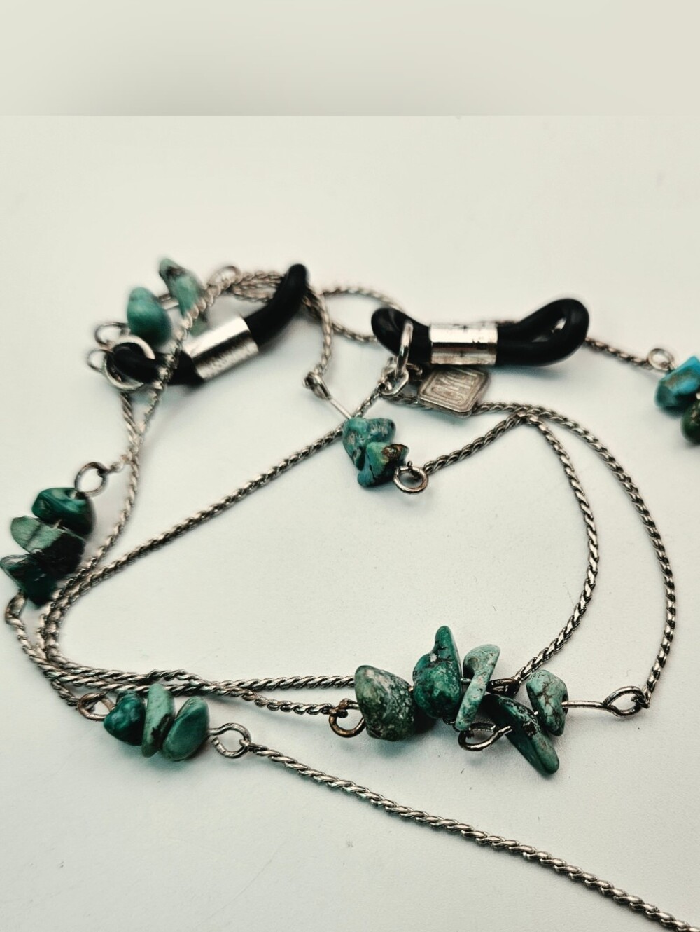 CMC Vintage Turquoise Nugget Chip Glasses Chain Eyeglass Holder Silver Tone